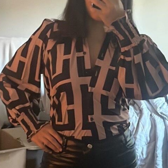 Tops - Classic Print Button Down Loose Fit Bishop Sleeve Blouse